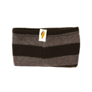 Striped leg warmer with a brand label on a white background
